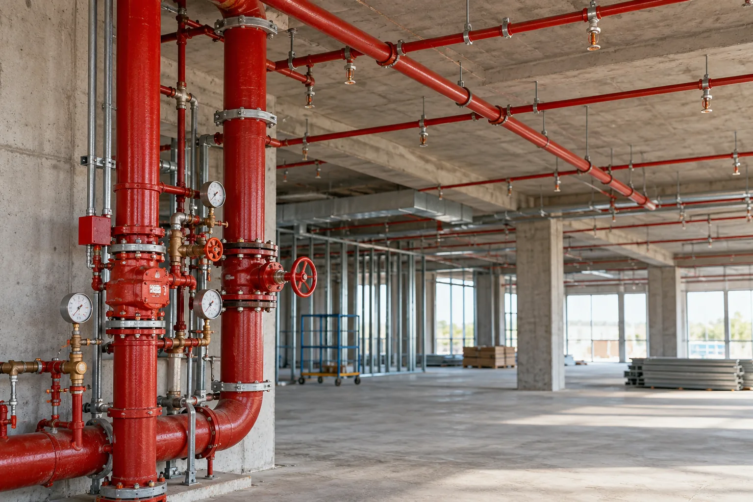 AI-generated illustration of commercial sprinkler installation with red riser piping, valves, pressure gauges and ceiling sprinkler branch lines.