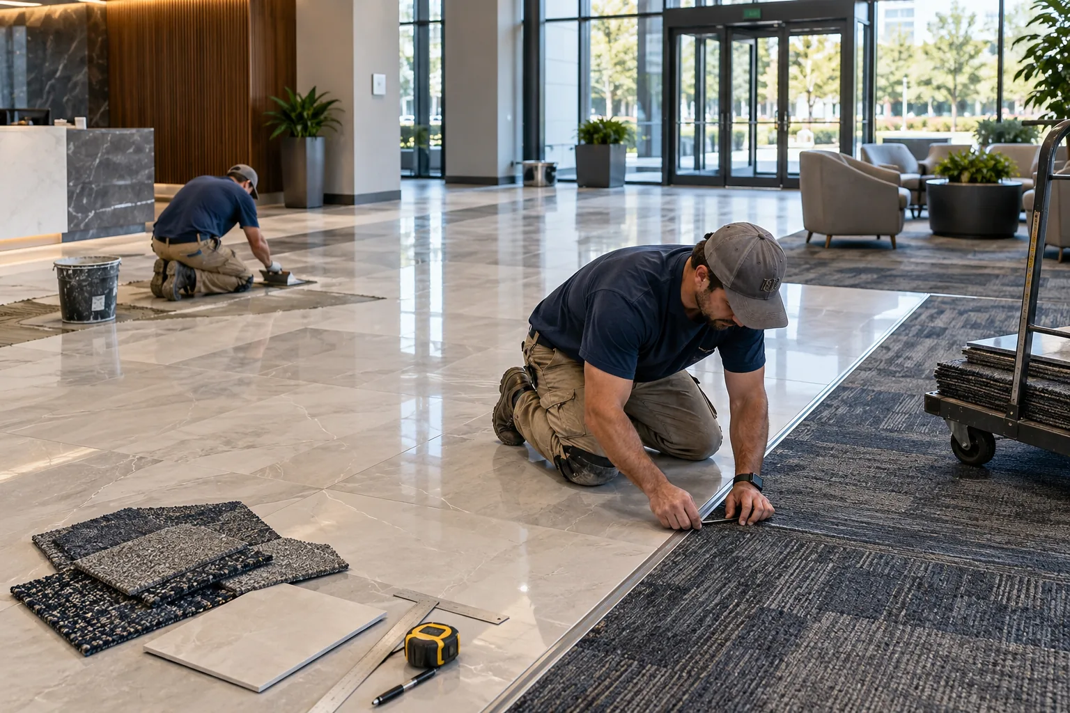 AI-generated illustration of commercial lobby flooring installation with porcelain tiles, carpet samples and carefully aligned floor transitions.