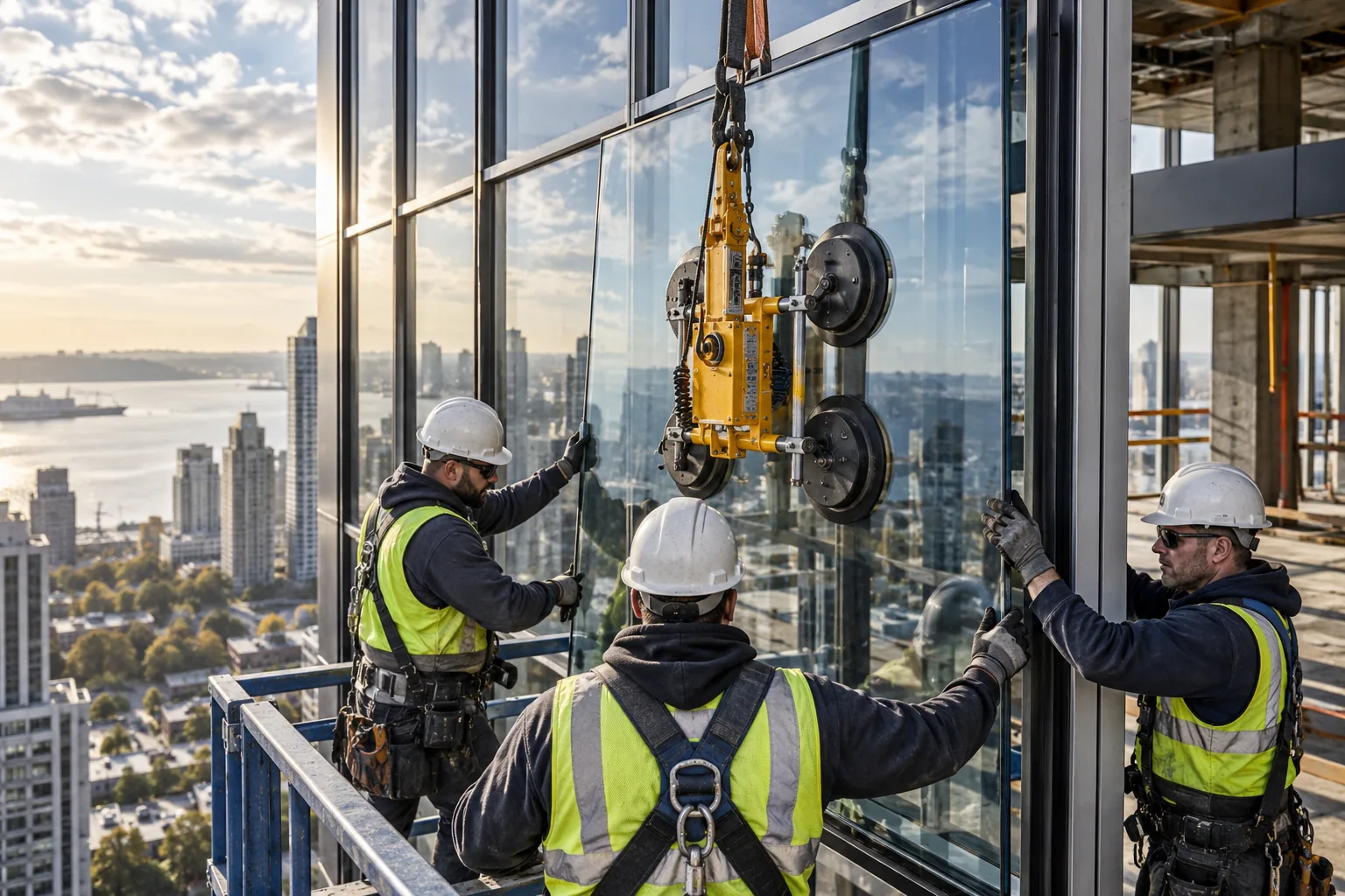 AI-generated illustration of commercial curtain-wall glass installation with a glazing suction lifter, aluminum mullions and reflected sky.