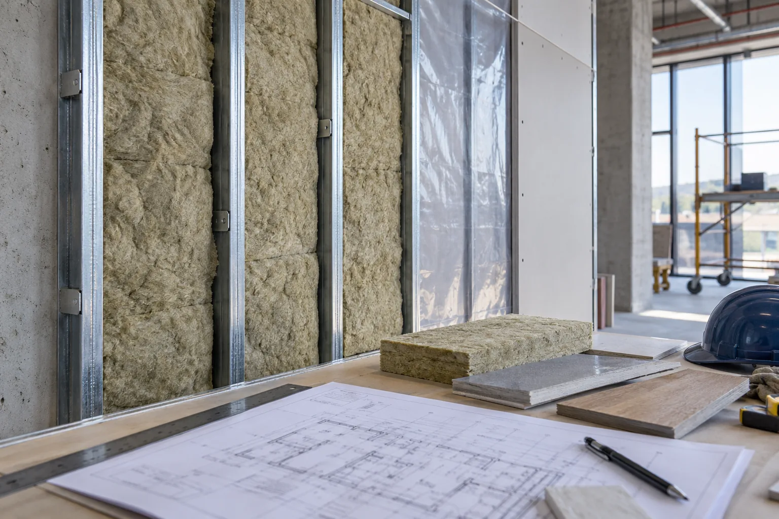 AI-generated illustration of commercial wall cavity showing mineral wool insulation fitted between studs, vapor-control layer and adjacent material samples.