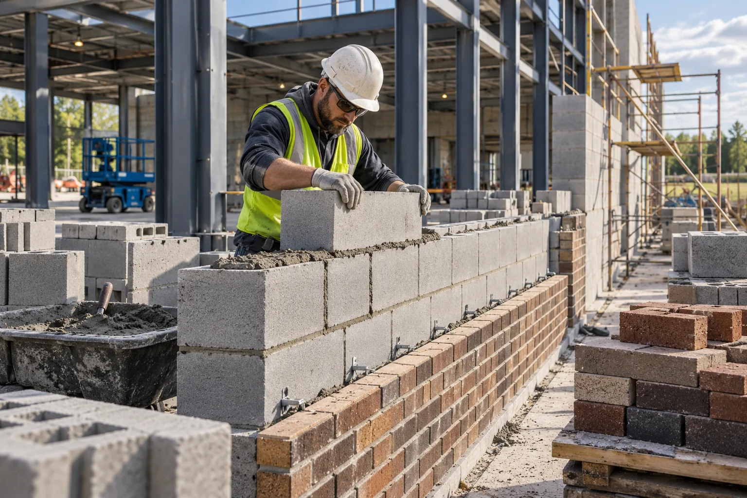 AI-generated illustration of partially built commercial concrete-block wall with brick veneer samples, mortar joints and a mason laying blocks.