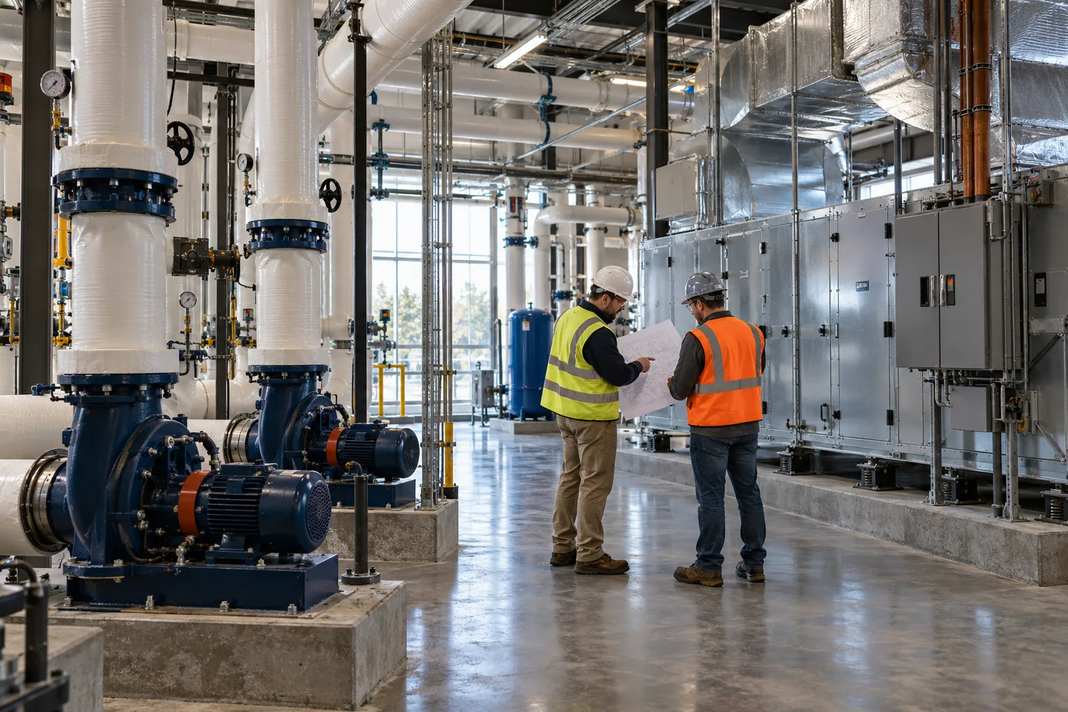 AI-generated illustration of large commercial mechanical plant room with insulated hydronic piping, pumps and air-handling equipment.