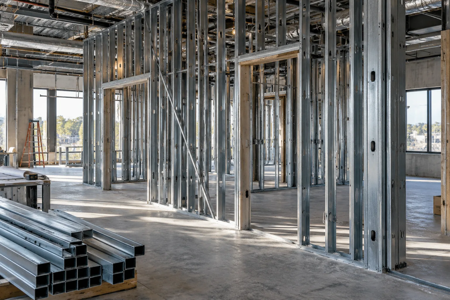 AI-generated illustration of commercial interior with open light-gauge steel studs, tracks, bracing and framed doorway openings.