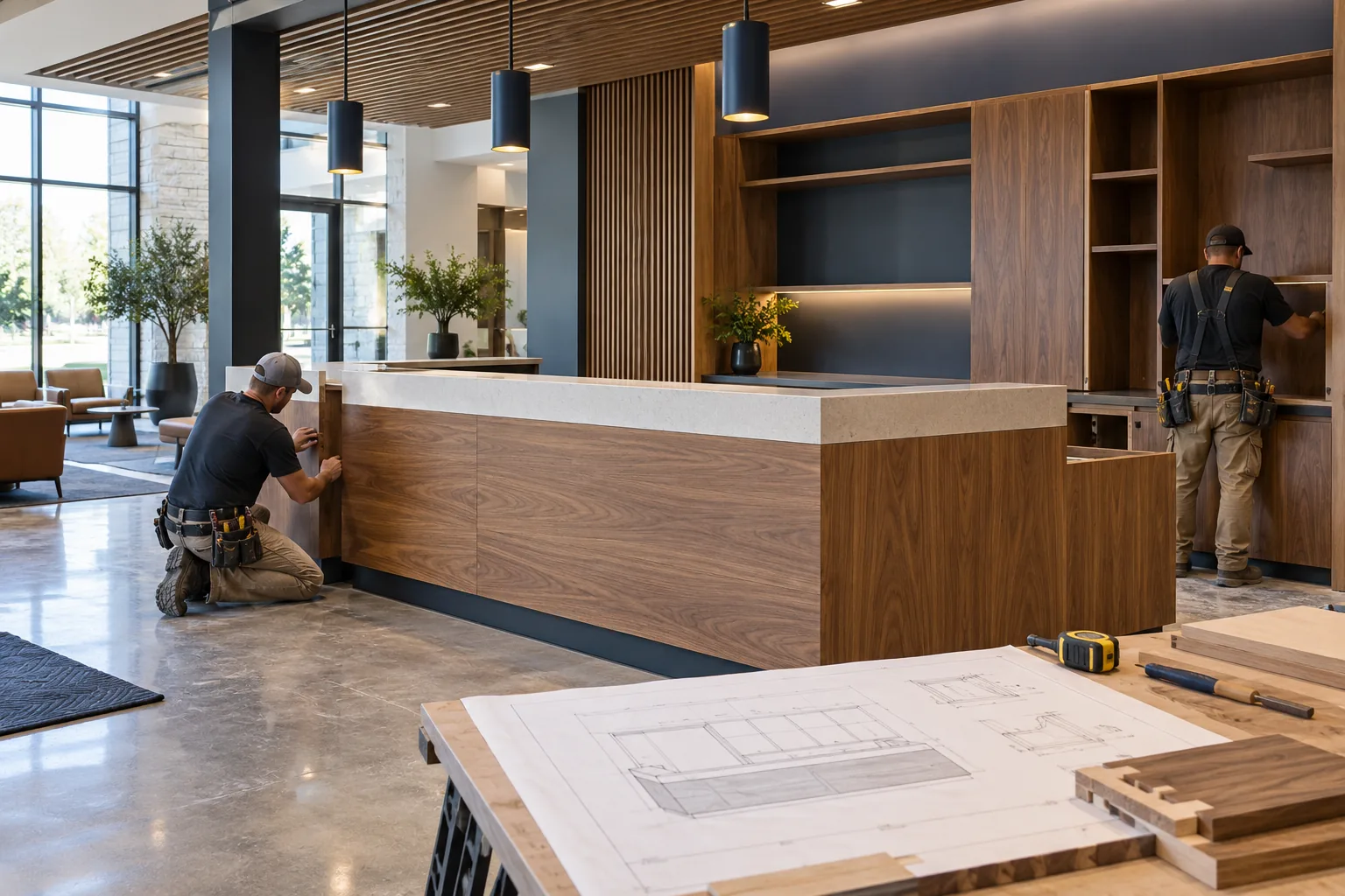 AI-generated illustration of custom commercial reception counter and cabinet installation, visible wood grain, detailed joinery and a casework plan.