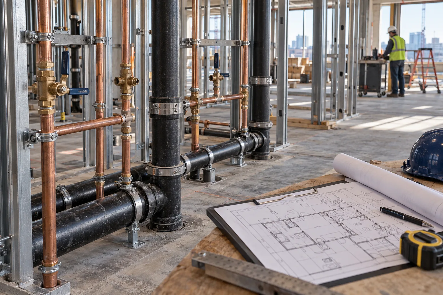 AI-generated illustration of commercial plumbing rough-in with separate copper supply and cast-iron drainage pipes, valve assemblies and a floor-plan clipboard.