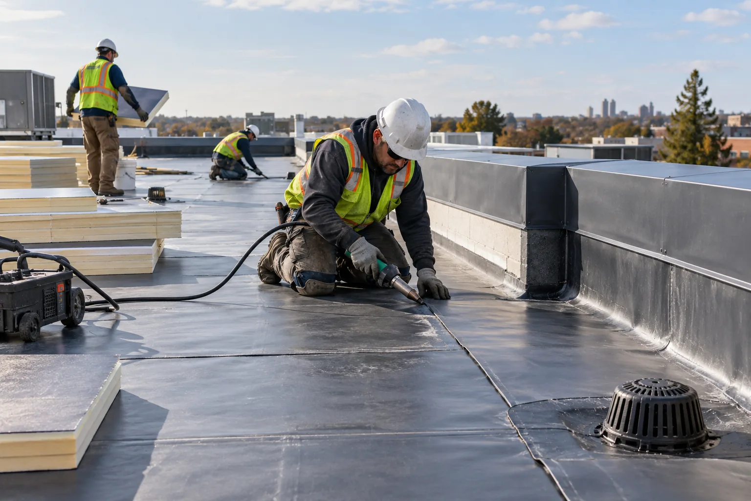 AI-generated illustration of commercial flat roof membrane installation showing seam welding, rigid insulation boards, parapet flashing and roof drains.