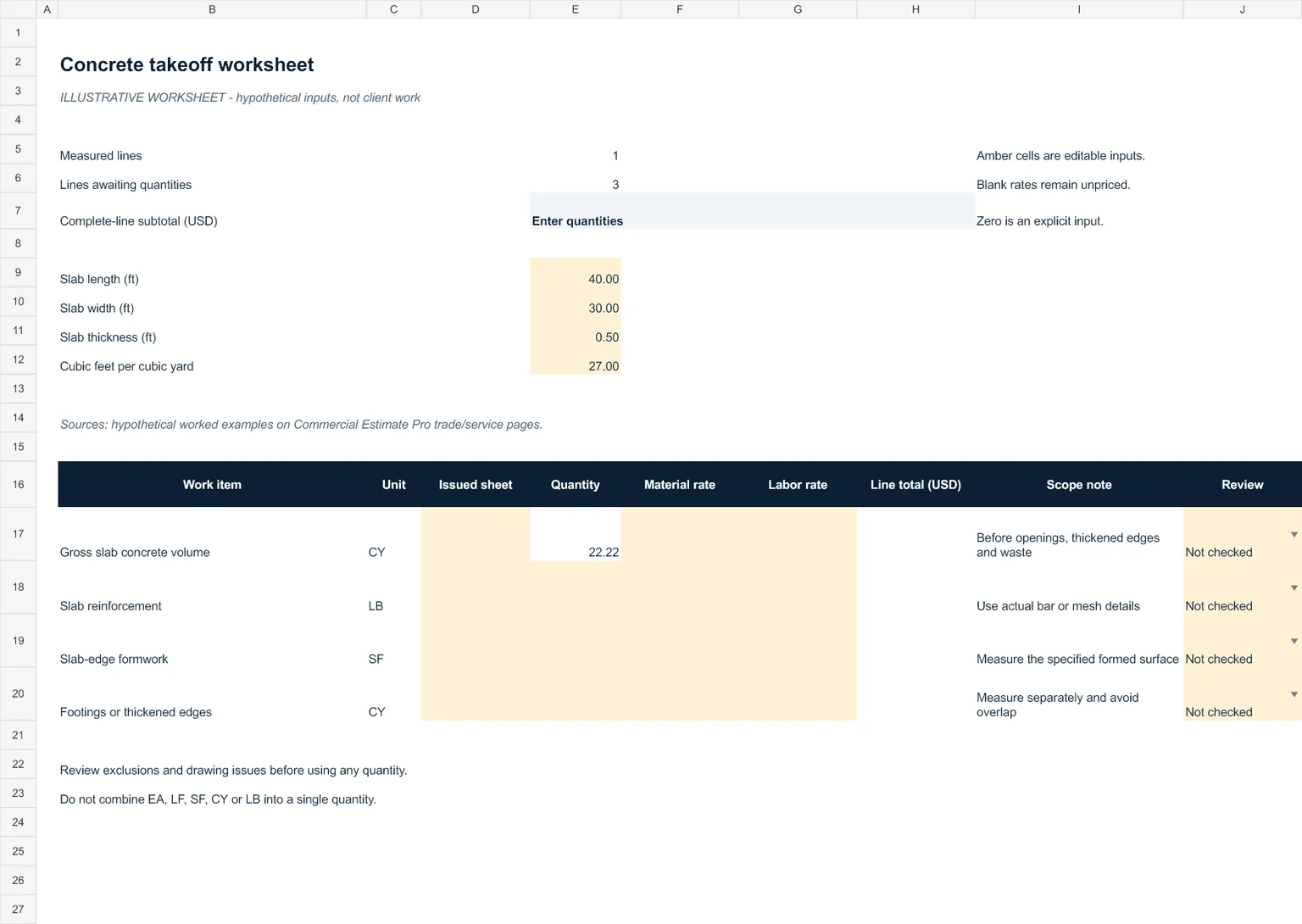 Preview of the illustrative Concrete takeoff worksheet, with hypothetical quantities and blank pricing inputs.