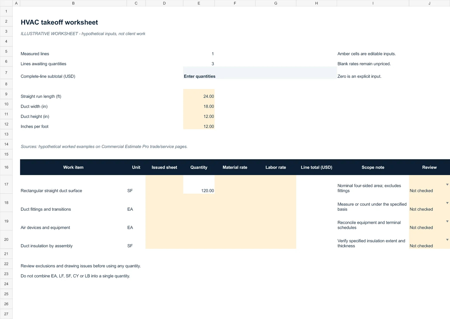 Preview of the illustrative HVAC takeoff worksheet, with hypothetical quantities and blank pricing inputs.